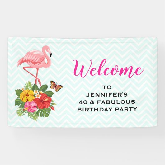 Roze Flamingo & Tropische Hibiscus Fancy Verjaarda Spandoek (Horizontaal)