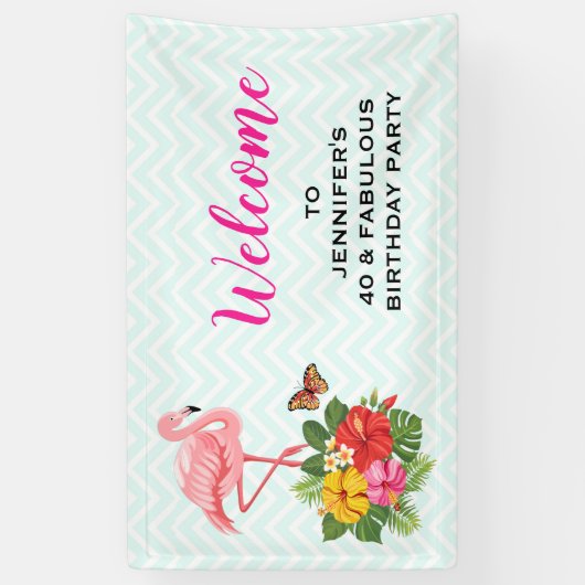 Roze Flamingo & Tropische Hibiscus Fancy Verjaarda Spandoek (Verticaal)