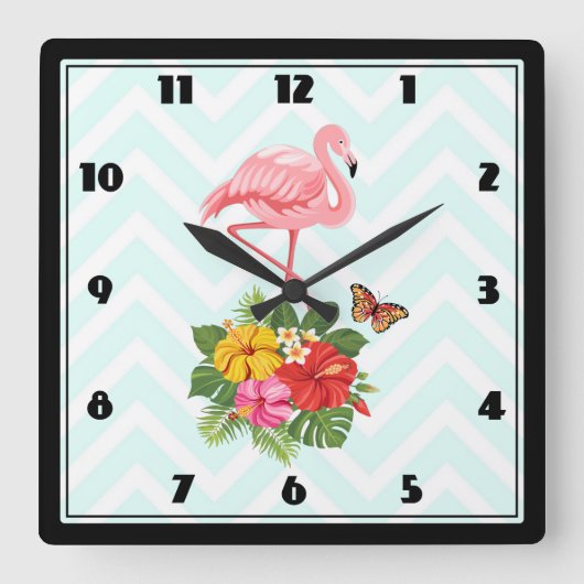 Roze flamingo & Tropische Hibiscus Fancy Vierkante Klok (Voorkant)