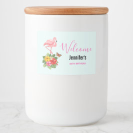 Roze flamingo & Tropische Hibiscus Fancy Voedselcontainer Etiket
