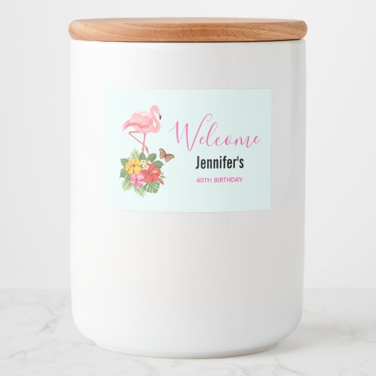 Roze flamingo & Tropische Hibiscus Fancy Voedselcontainer Etiket (Voorkant)