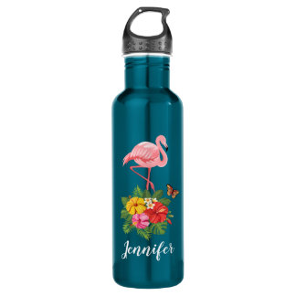 Roze flamingo & Tropische Hibiscus Fancy Waterfles