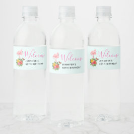 Roze flamingo & Tropische Hibiscus Fancy Waterfles Etiket