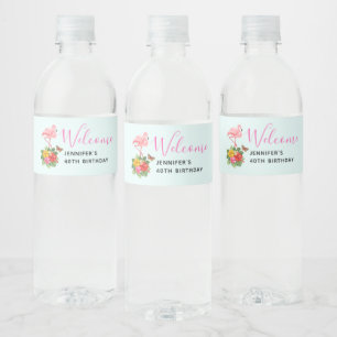 Roze flamingo & Tropische Hibiscus Fancy Waterfles Etiket