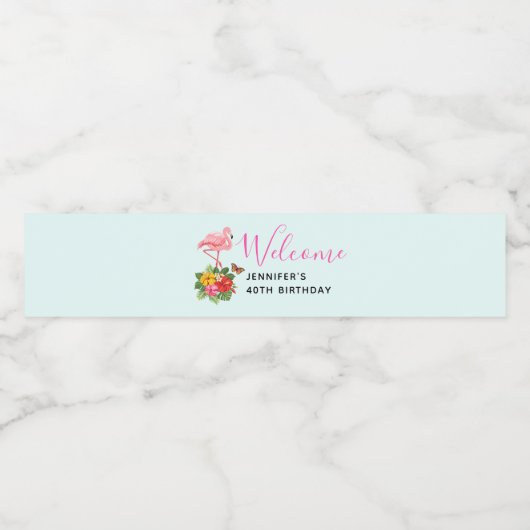 Roze flamingo & Tropische Hibiscus Fancy Waterfles Etiket (Enkel label)