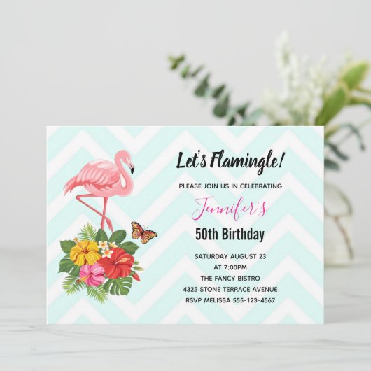 Roze Flamingo & Tropische Hibiscus Fantasie Verjaa Kaart (Staand voorkant)
