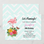 Roze Flamingo & Tropische Hibiscus Fantasie Verjaa Kaart (Voorkant / Achterkant)