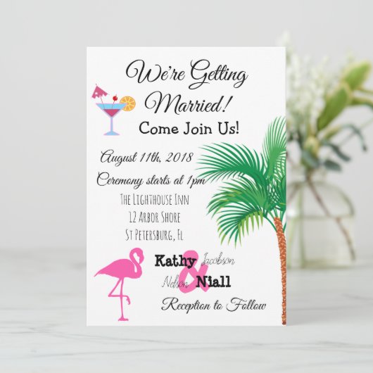 Roze Flamingo Tropische Huwelijksuitnodiging Kaart (Staand voorkant)