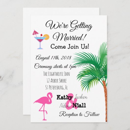 Roze Flamingo Tropische Huwelijksuitnodiging Kaart (Voorkant / Achterkant)