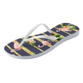 Roze Flamingo Tropische Marine Blauw Goud Teenslippers (Schuin)