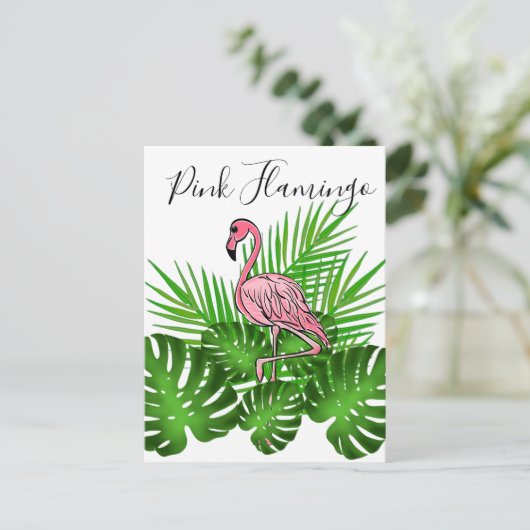 Roze flamingo, tropische oerwouden bladeren briefkaart (Staand voorkant)