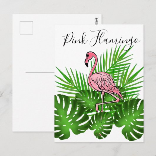 Roze flamingo, tropische oerwouden bladeren briefkaart (Voorkant / Achterkant)