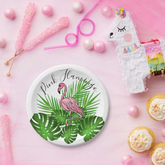 Roze flamingo, tropische oerwouden bladeren papieren bordje (Feest)