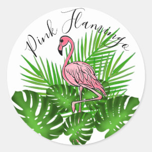 Roze flamingo, tropische oerwouden bladeren ronde sticker