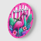 Roze Flamingo Tropische Planten Bloemen Accent Grote Klok (Hoek)