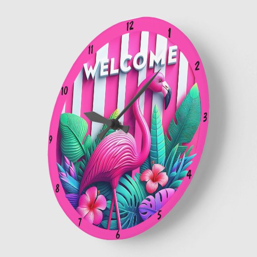 Roze Flamingo Tropische Planten Bloemen Accent Grote Klok (Hoek)