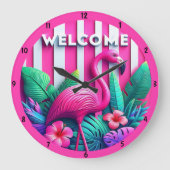 Roze Flamingo Tropische Planten Bloemen Accent Grote Klok (Voorkant)