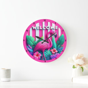 Roze Flamingo Tropische Planten Bloemen Accent Grote Klok