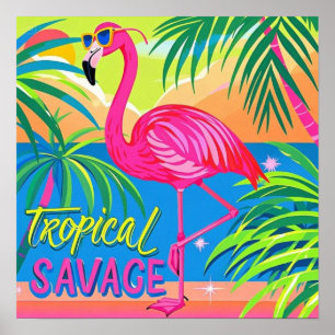 Roze flamingo Tropische staande op één been Poster