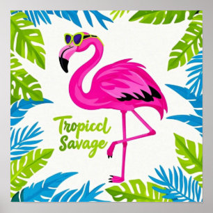 Roze flamingo Tropische staande op één been Poster