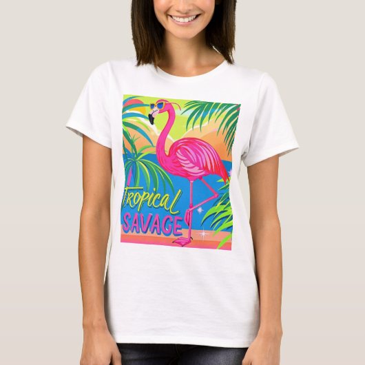 Roze flamingo Tropische staande op één been T-shirt (Voorkant)