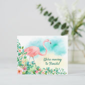 Roze Flamingo Tropische Strand Scène Nieuw adres Aankondigingskaart (Staand voorkant)