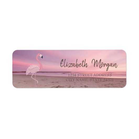 Roze Flamingo Tropische Strand Zonsondergang Etiket (Voorkant)