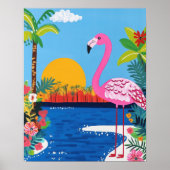 Roze Flamingo Tropische Sunset Beach Wall Art Poster (Voorkant)