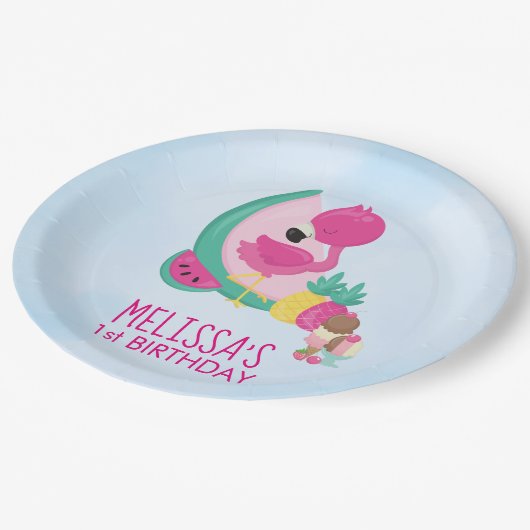 Roze Flamingo, tropische vruchten & ijsfeest Papieren Bordje (Gekanteld)