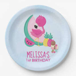 Roze Flamingo, tropische vruchten & ijsfeest Papieren Bordje