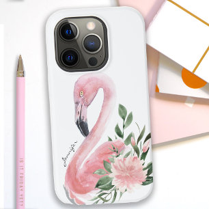 Roze Flamingo Tropische Waterverf Bloem met Naam iPhone 14 Plus Hoesje