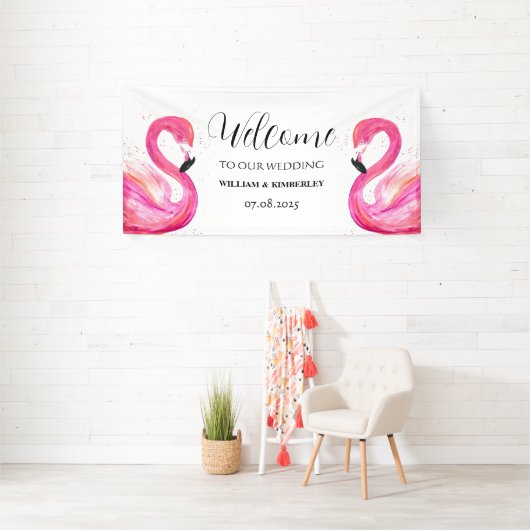 Roze Flamingo Tropische Zomer Strandbruiloft Spandoek (Insitu)