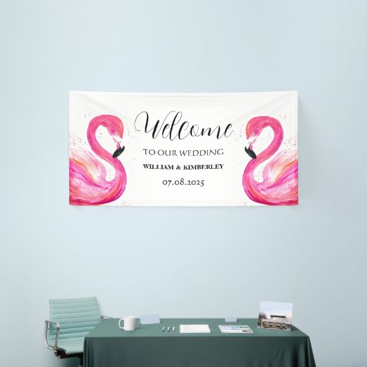 Roze Flamingo Tropische Zomer Strandbruiloft Spandoek (Beurs)