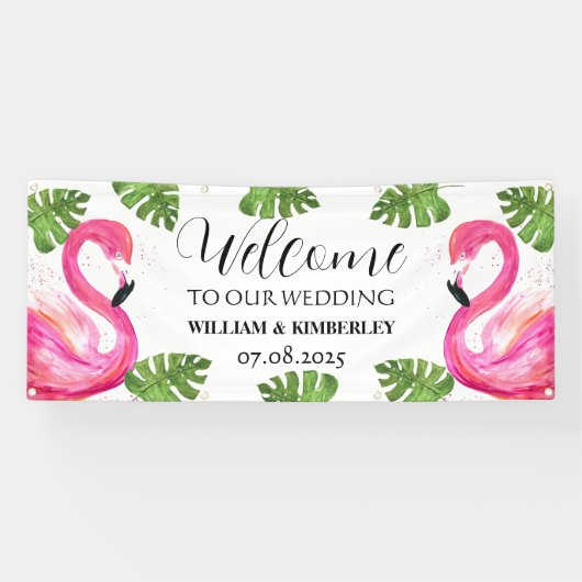 Roze Flamingo Tropische Zomer Strandbruiloft Spandoek (Horizontaal)
