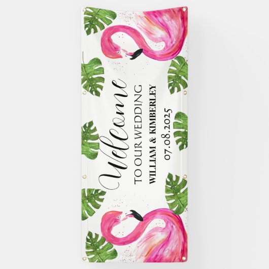 Roze Flamingo Tropische Zomer Strandbruiloft Spandoek (Verticaal)