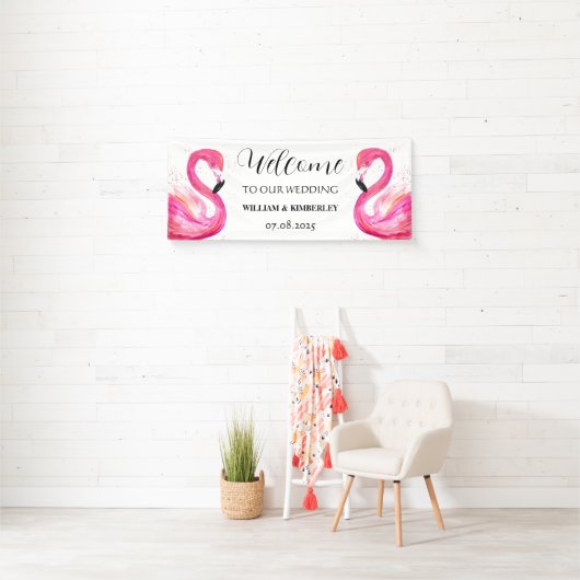 Roze Flamingo Tropische Zomer Strandbruiloft Spandoek (Insitu)