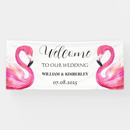 Roze Flamingo Tropische Zomer Strandbruiloft Spandoek (Horizontaal)