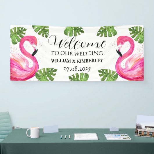 Roze Flamingo Tropische Zomer Strandbruiloft Spandoek (Beurs)