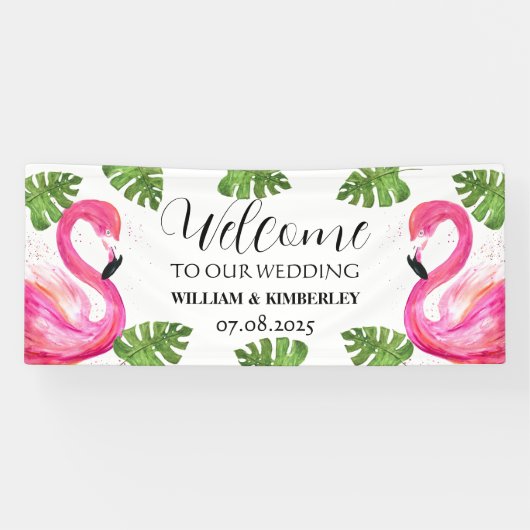 Roze Flamingo Tropische Zomer Strandbruiloft Spandoek (Horizontaal)
