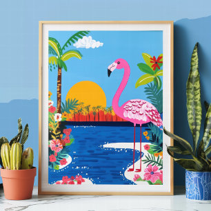 Roze Flamingo Tropische Zonsondergang Strand Muur  Poster
