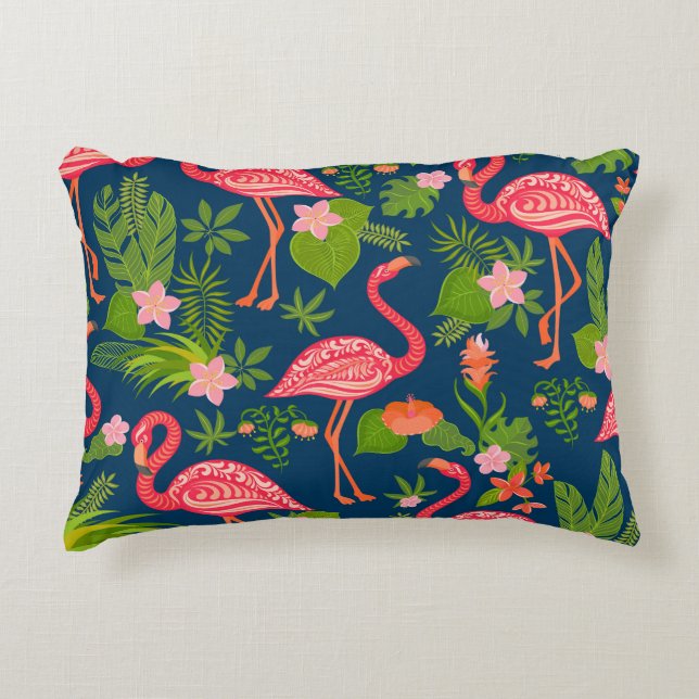 Roze Flamingo: Turquoise gestreepte Vintage Accent Kussen (Voorkant)
