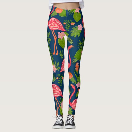 Roze Flamingo: Turquoise gestreepte Vintage Leggings (Voorkant)