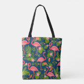 Roze Flamingo: Turquoise gestreepte Vintage Tote Bag (Achterkant)