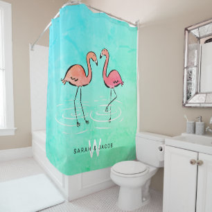 Roze Flamingo Turquoise Waterverf Monogram Naam Douchegordijn