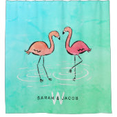 Roze Flamingo Turquoise Waterverf Monogram Naam Douchegordijn (Voorkant)