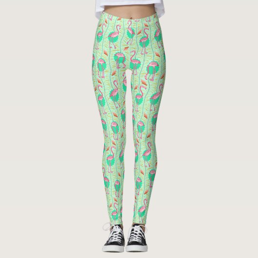 Roze Flamingo Varens Tropisch Groen Zomerpatroon Leggings (Voorkant)