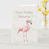 Roze Flamingo Verjaardag Kaart (Gele Bloem)