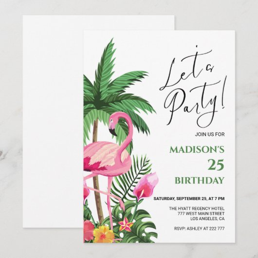 Roze Flamingo Verjaardag uitnodiging (Voorkant / Achterkant)