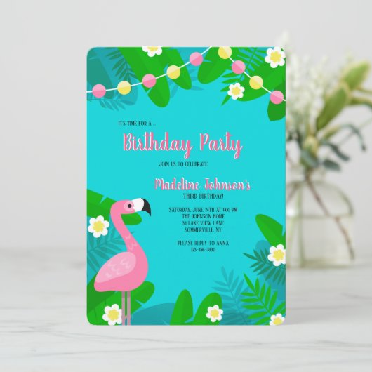 Roze Flamingo Verjaardag uitnodiging (Staand voorkant)