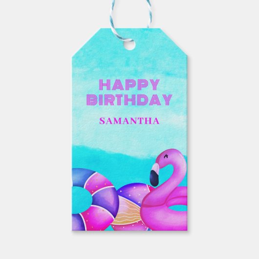 Roze Flamingo Verjaardag Zwembad Party Naam Cadeaulabel (Voorkant)